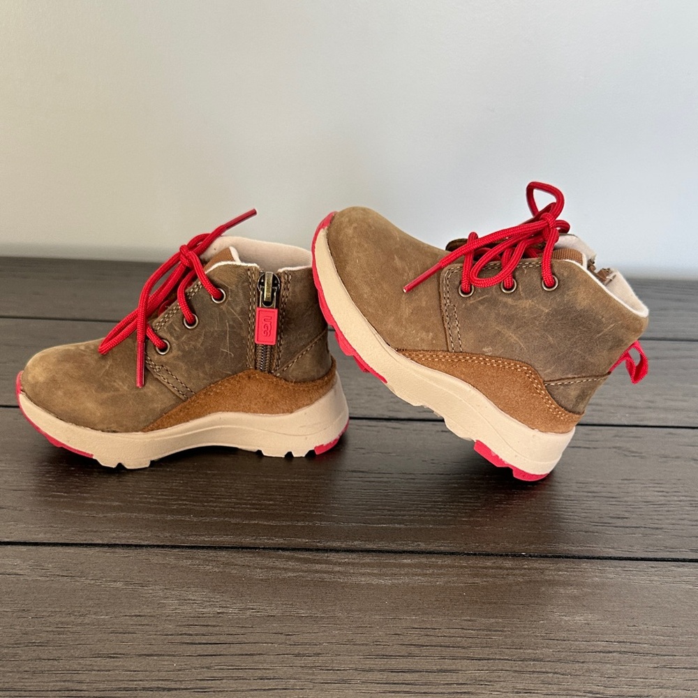 UGG Kids Brown Boots with Bright Red Accents